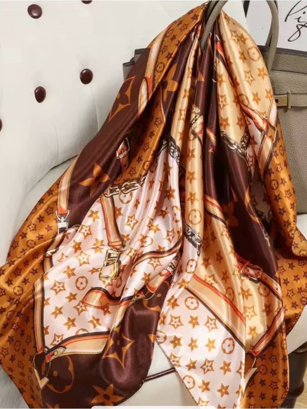 Brown & Cream Satin Scarf Wrap - Classic Star Motif
